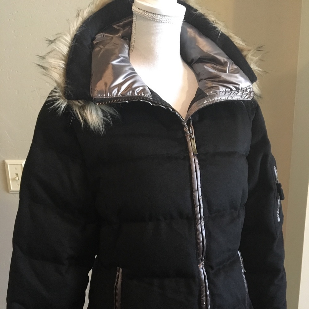 Skea Fjord black wool down parka, Sz 10